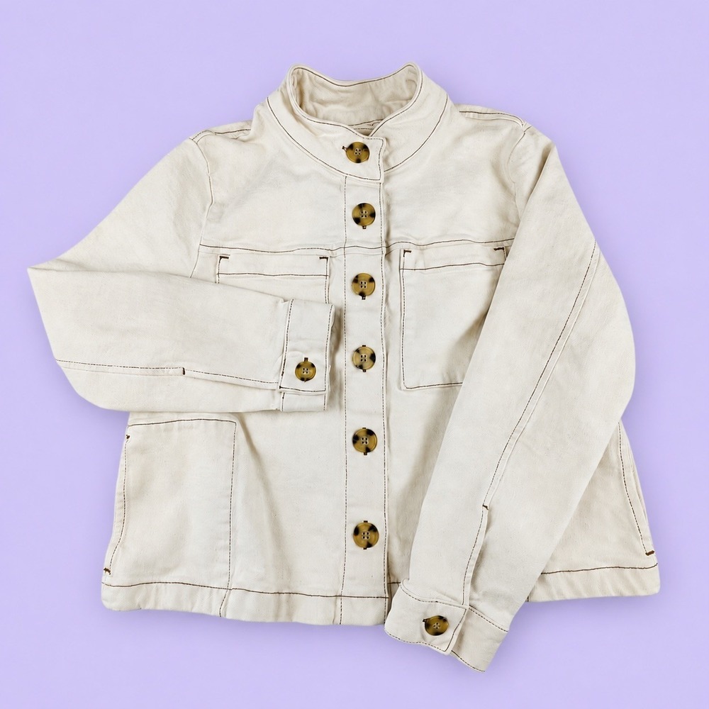J. Jill Women's L Petite Cream Stretch Denim Chore Jacket Utility Coastal Rustic